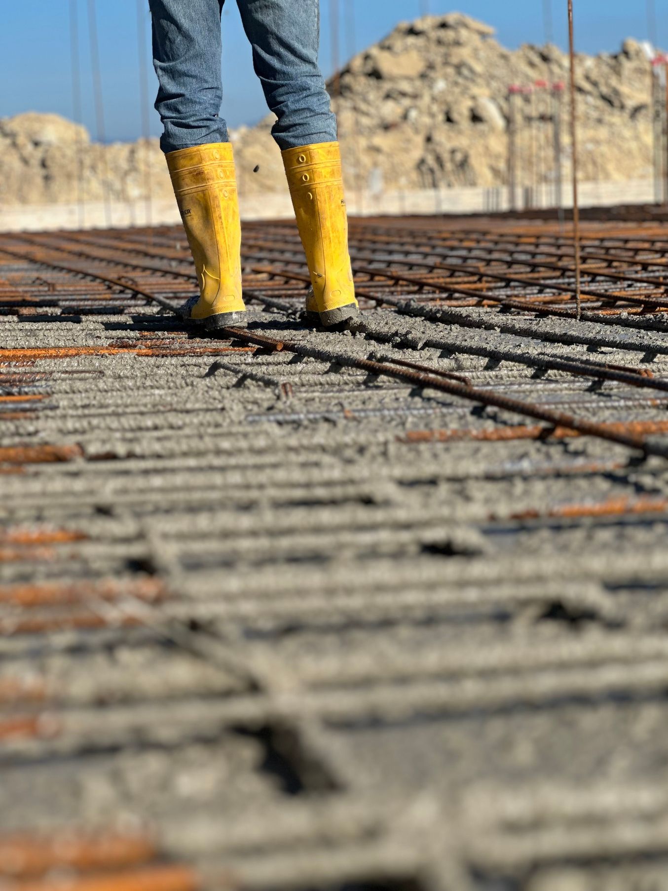 Rebar mesh with a construction worker's work boots in Old Bridge NJ